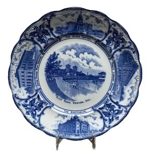Vintage FW&Co England Blue Transferware Plate Denver CO State Capitol City Park